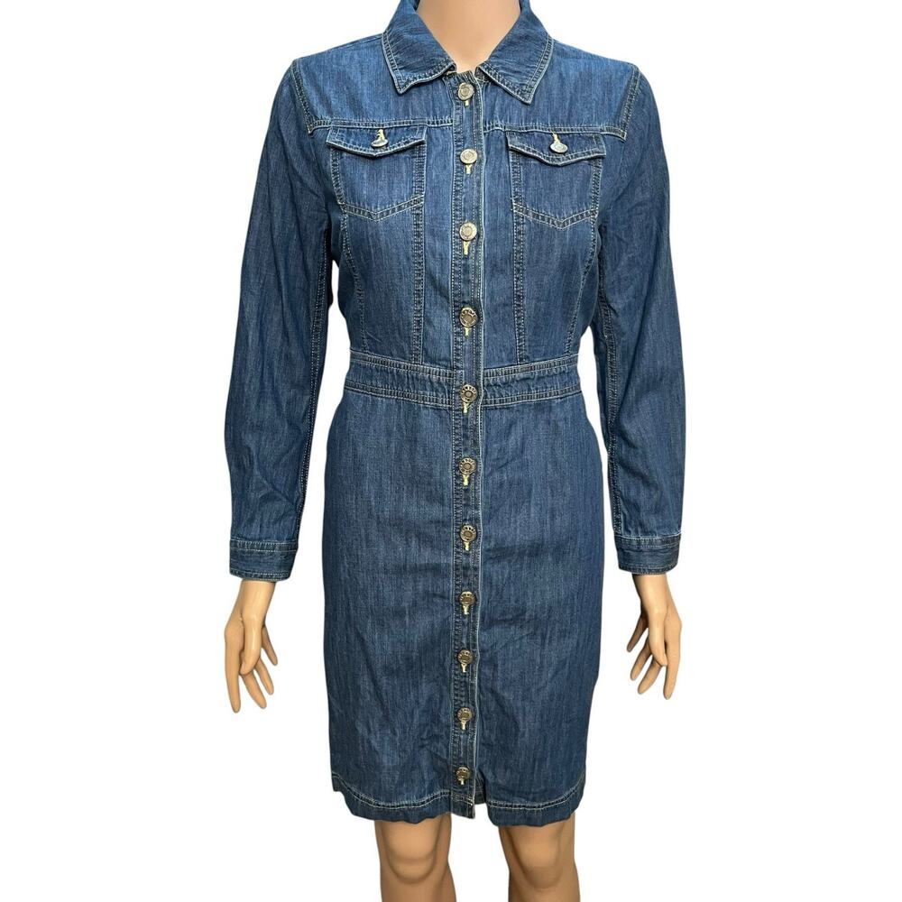 Talbots Denim Mini Dress 4 Long Sleeve Button Down Knee Length Preppy Classic